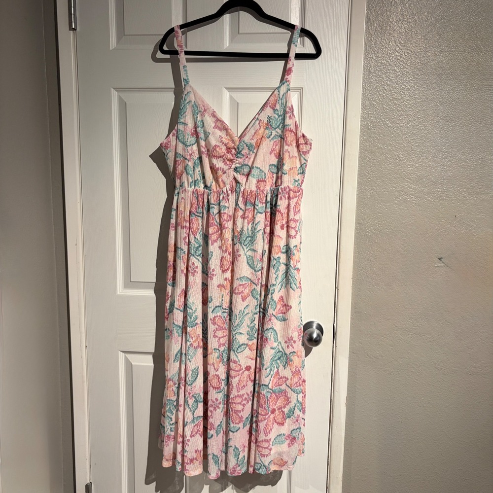 Torrid Allie Floral Midi Dress Pink Knit Gauze Tie Pockets Size 2X(18-20) New